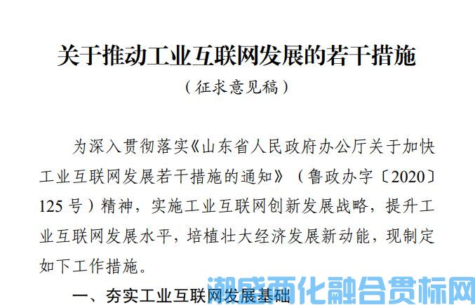 泰安市两化融合贯标奖励政策：关于推动工业互联网发展的若干措施